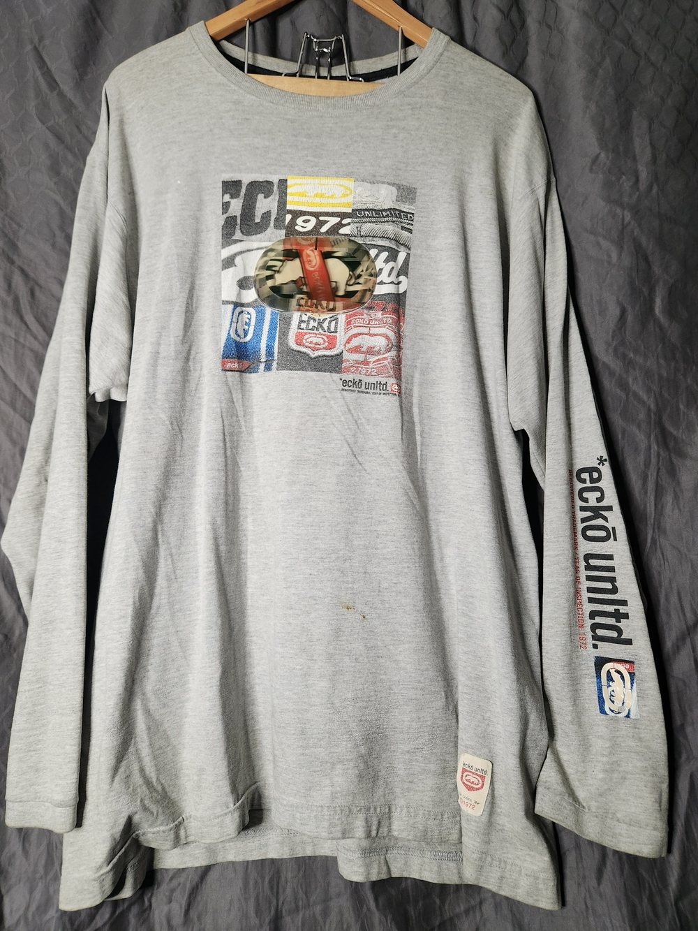 Ecko Unlimited Long Sleeve Graphic Tee — Light Gray with Multicolor Print